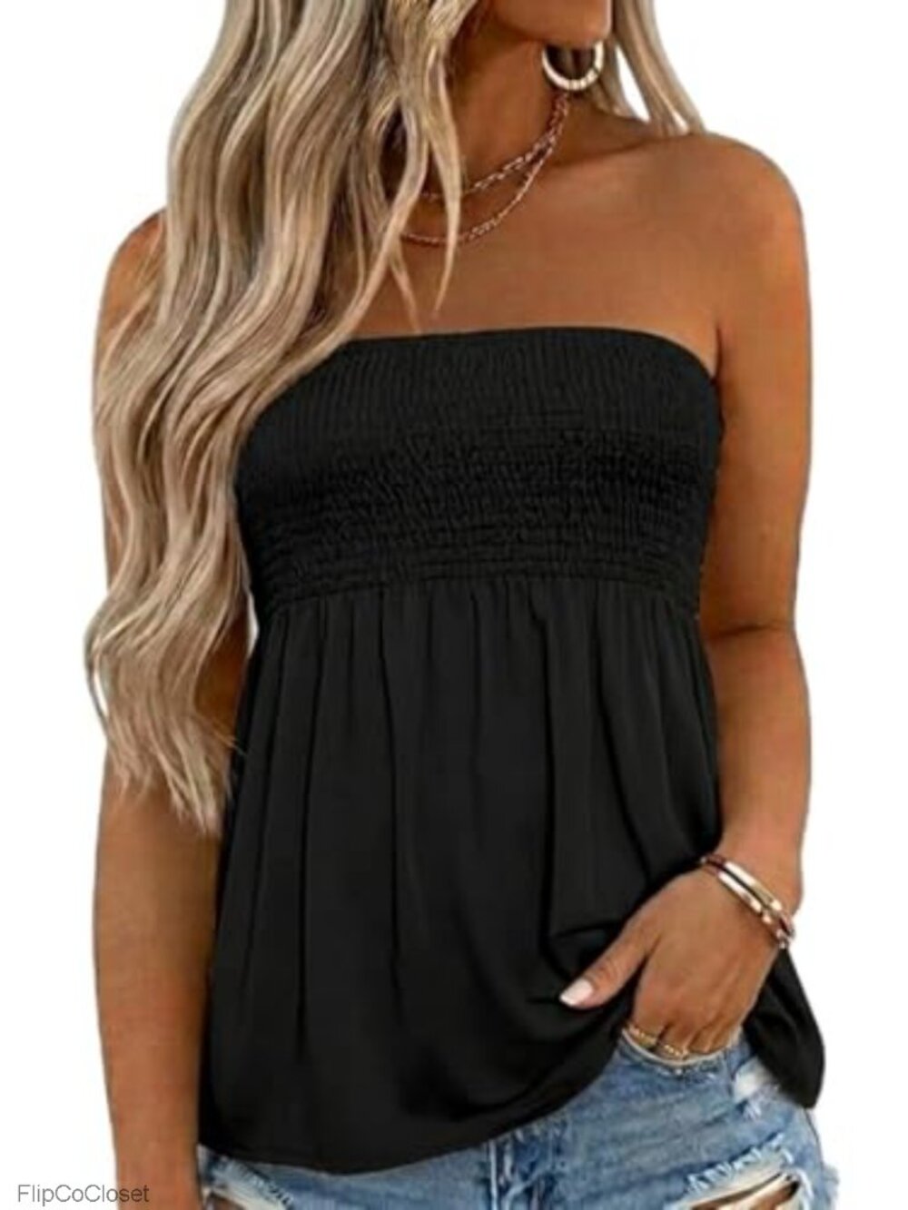 Smocked Strapless Bandeau Tank Top Flowy Tube Top Sleeveless Backless